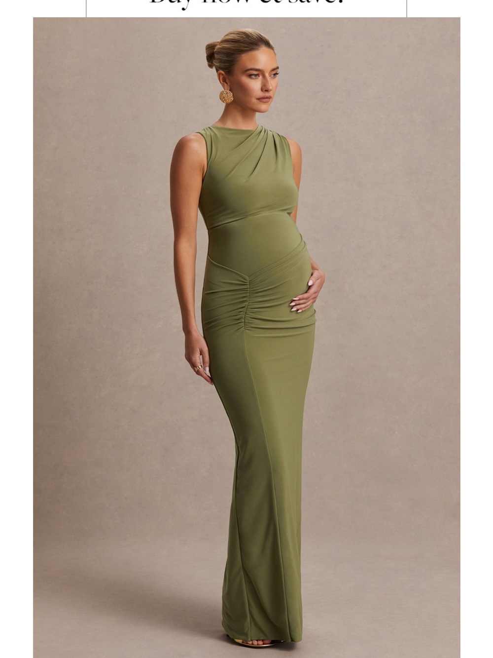 Club London Raven Olive Sleeveless Ruched Maternity Maxi Dress